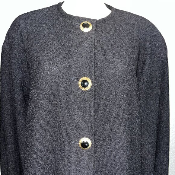 VINTAGE ST. JOHN BLACK KNIT COAT - POCKETS &  BALLOON SLEEVES MADE IN USA EUC 16 - Picture 2 of 16